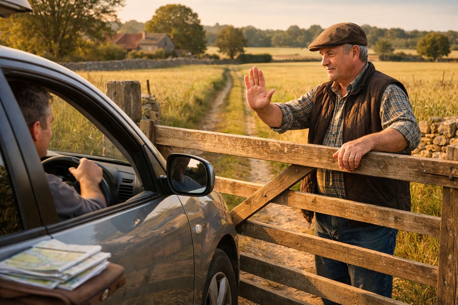 Homem com boné impede passagem a condutor num portão de madeira numa estrada rural ao entardecer.