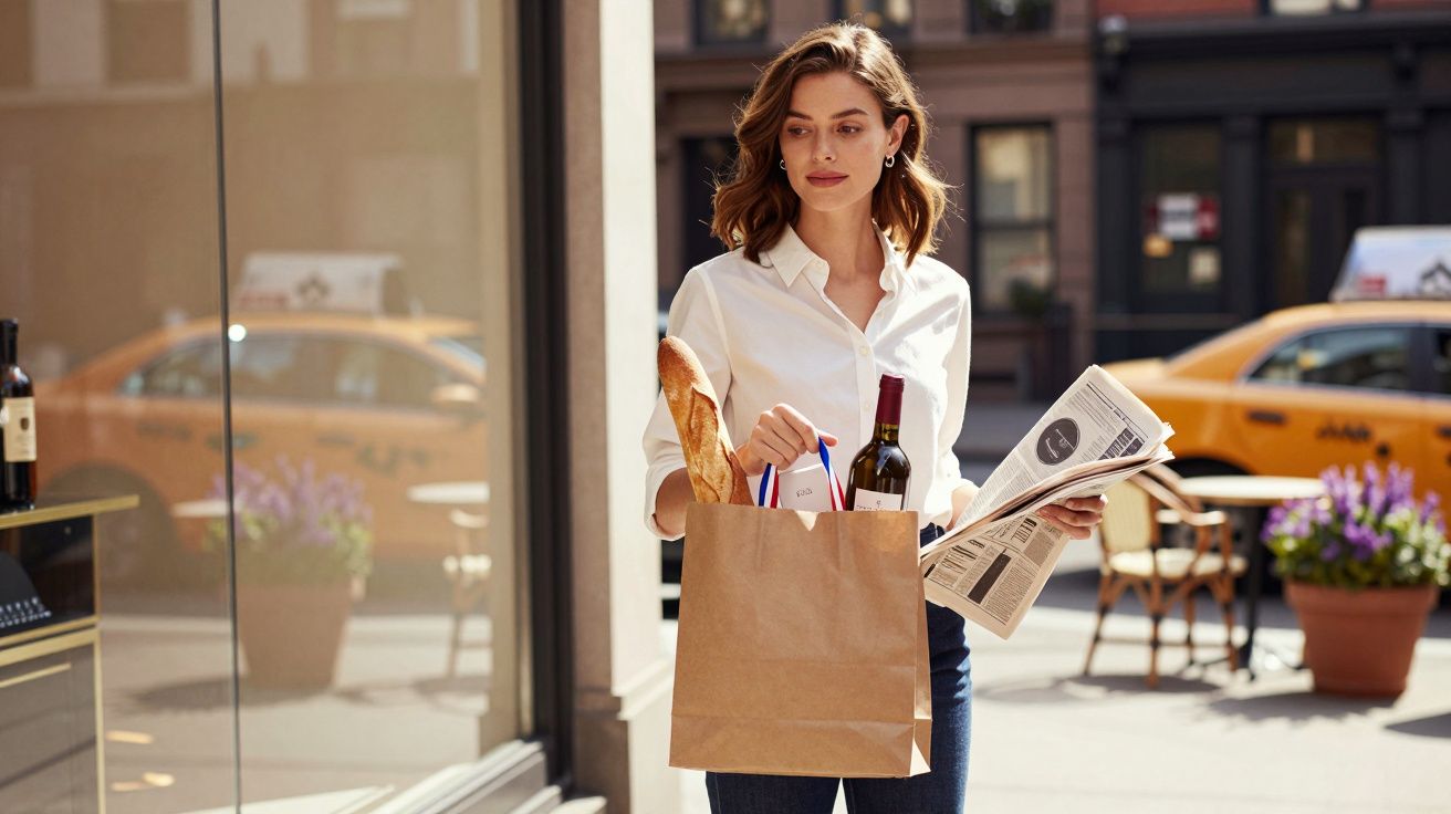 Mulher jovem com camisa branca a segurar saco de papel com pão e vinho, na rua em dia ensolarado.