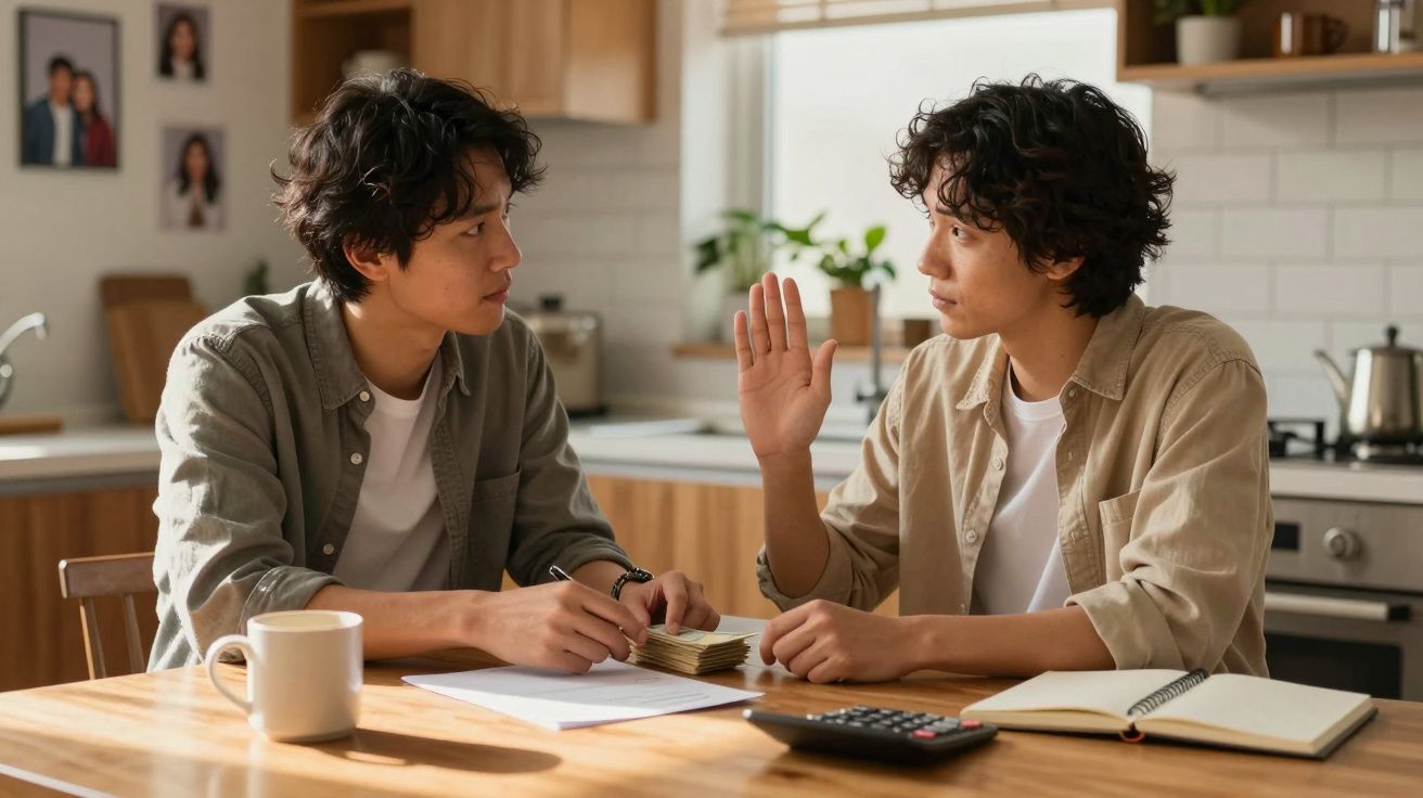 Dois homens sentados à mesa de cozinha discutem finanças com notas, caderno e calculadora.