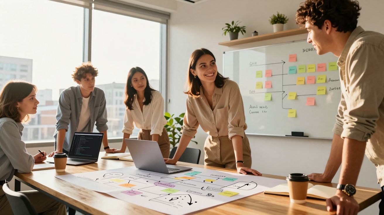 Grupo de cinco jovens a colaborar numa reunião de trabalho com esquemas e notas adesivas numa sala iluminada.