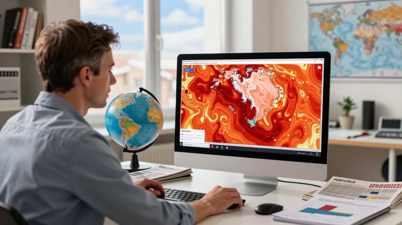 Homem sentado numa mesa a analisar mapa térmico colorido no computador num escritório com globo terrestre e mapas.