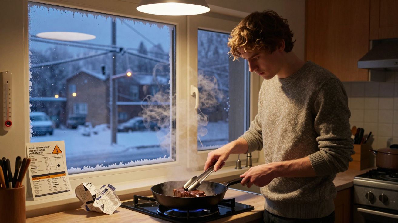 Jovem a cozinhar carne numa frigideira junto à janela com vista para paisagem nevada ao anoitecer.