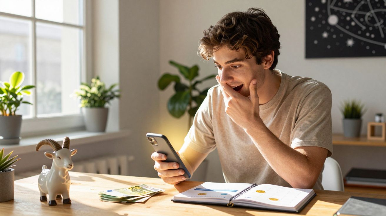 Jovem surpreendido a olhar para o telemóvel sentado à mesa com caderno aberto e plantas ao fundo.