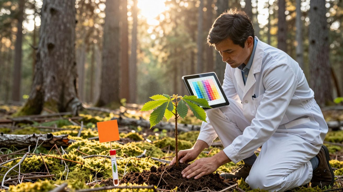Homem de bata branca analisa planta jovem numa floresta, com tablet e amostra no solo.