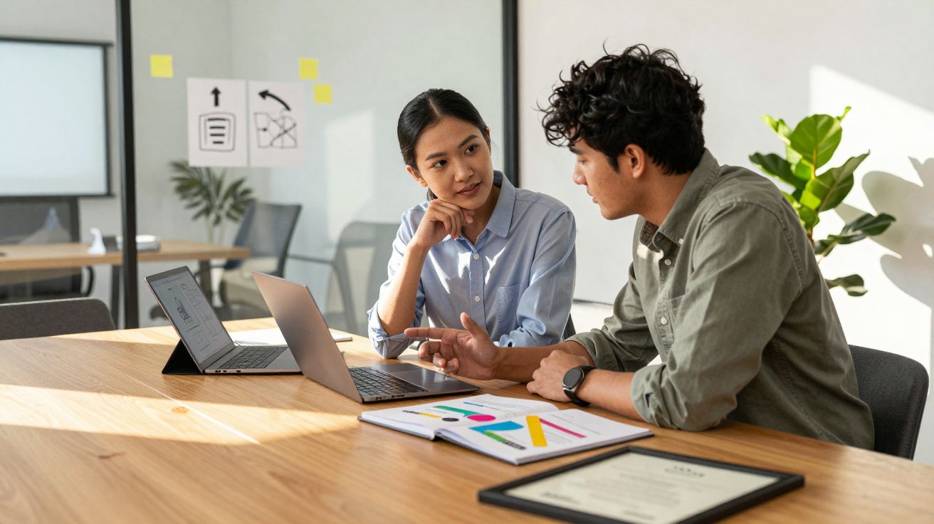 Dois colegas a discutirem gráficos e dados em laptops e documentos numa mesa de escritório iluminada.