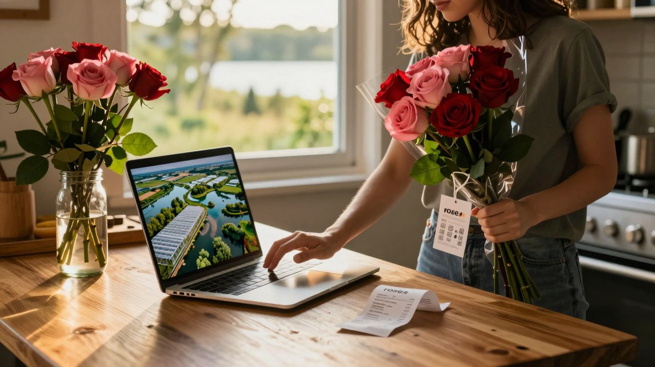 Pessoa em cozinha a encomendar um ramo de rosas vermelhas e cor-de-rosa num portátil.