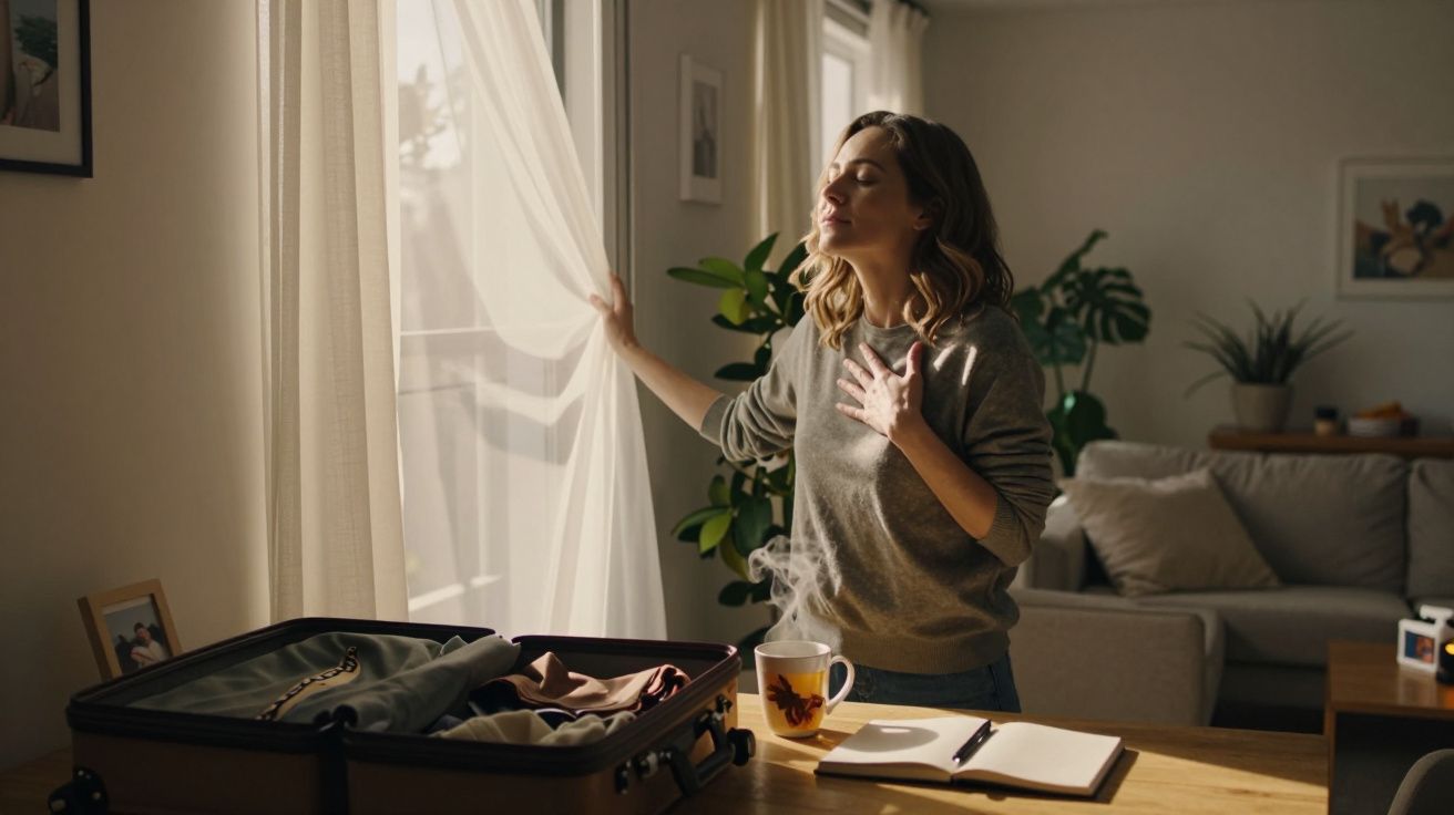 Mulher a respirar profundamente junto à janela, numa sala iluminada, com mala aberta e chá na mesa.