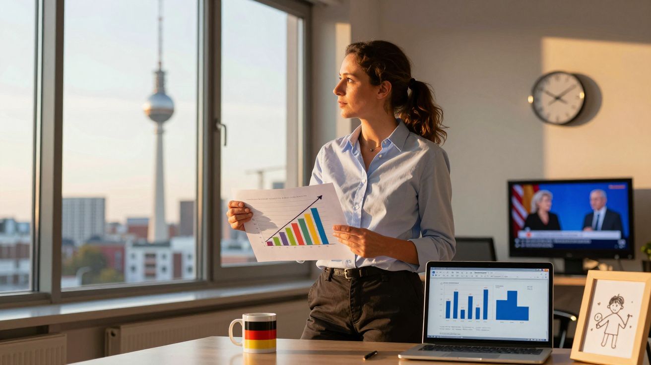 Mulher de negócios a olhar pela janela segurando gráfico colorido num escritório com laptop, caneca e televisão ligada.
