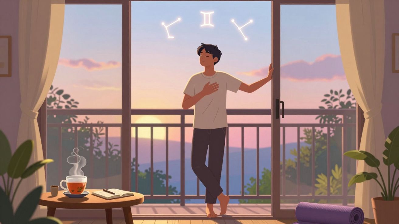 Homem relaxa numa varanda ao pôr do sol com constelação de Gémeos visível no céu.