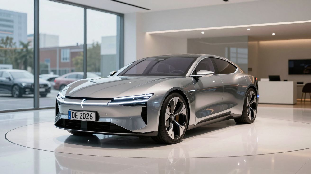 Carro elétrico cinza moderno em exposição num showroom com iluminação branca e janelas grandes.
