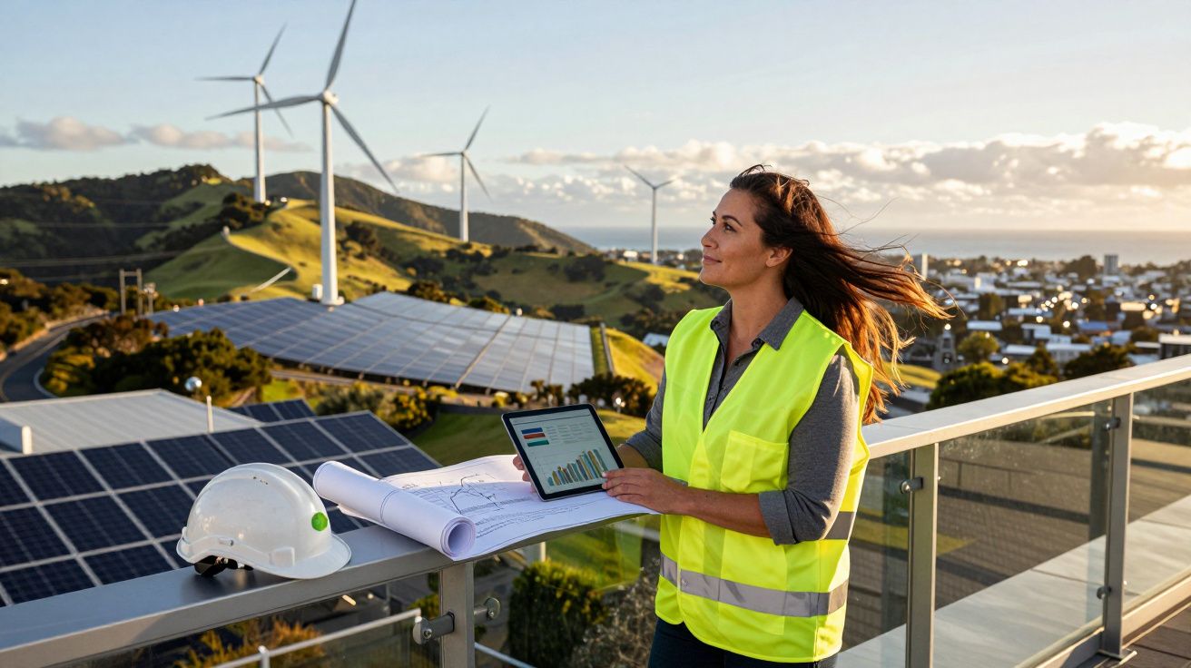 Mulher com colete refletor a analisar gráficos num tablet junto a painéis solares e turbinas eólicas ao pôr do sol.
