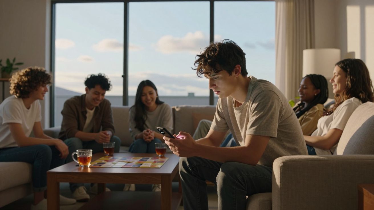 Grupo de jovens a jogar um jogo de tabuleiro, um deles está distraído no telemóvel no meio da sala.