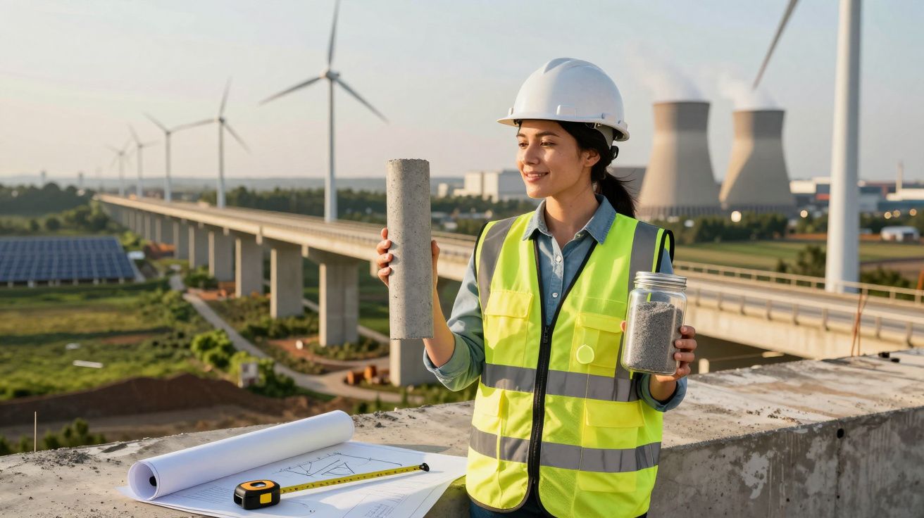 Engenheira ambiental com capacete e colete reflete sobre amostras de solo junto a turbinas e usina nuclear.