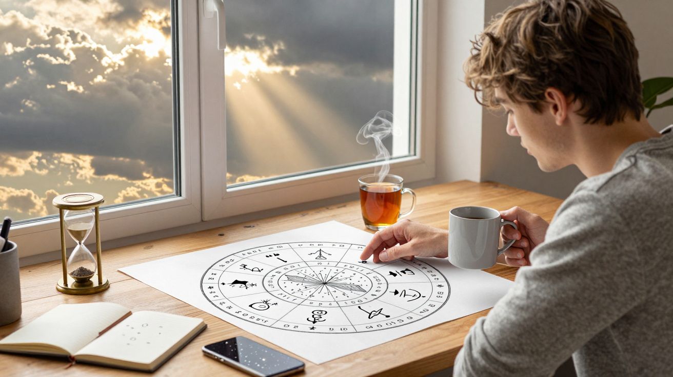 Pessoa a segurar chávena e olhar para tabela de signos astrológicos num ambiente com chá quente e janela iluminada.