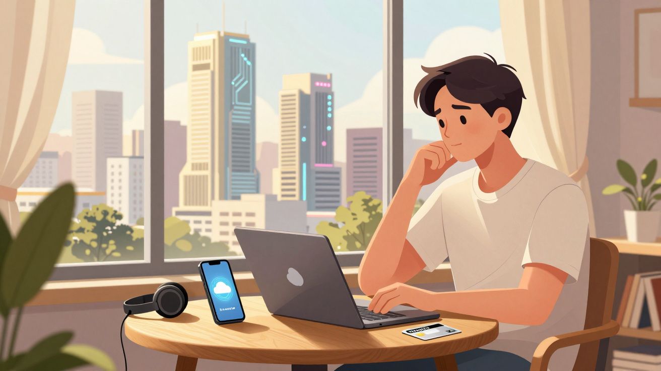 Jovem a trabalhar num portátil numa mesa, com telemóvel e auscultadores, vista urbana através da janela atrás.