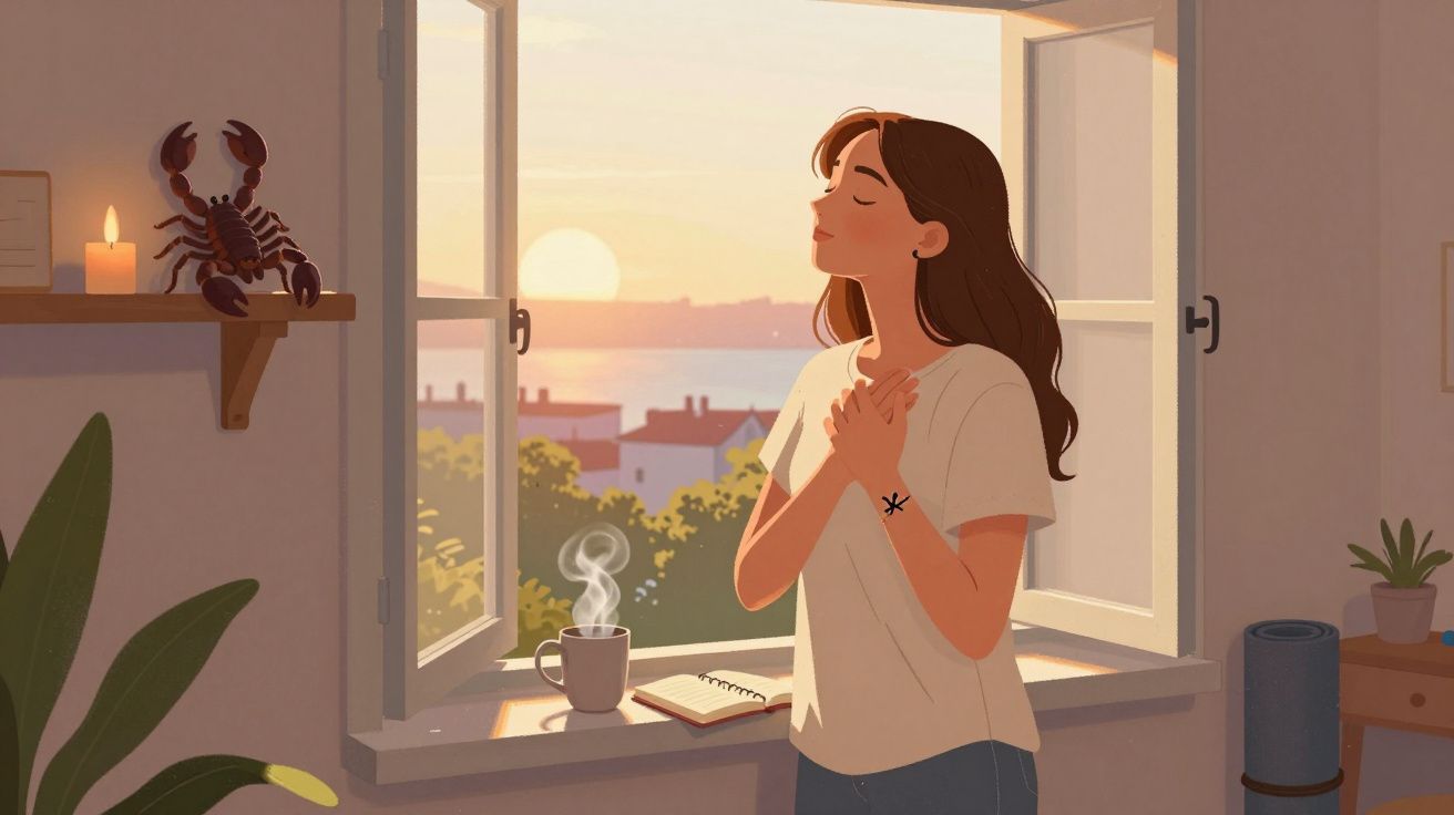 Mulher tranquila junto à janela aberta ao pôr do sol, com caneca de chá, caderno e escorpião decorativo.