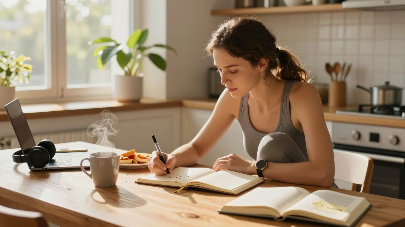 Jovem sentada à mesa da cozinha a escrever num caderno, com livro aberto e chá quente ao lado.