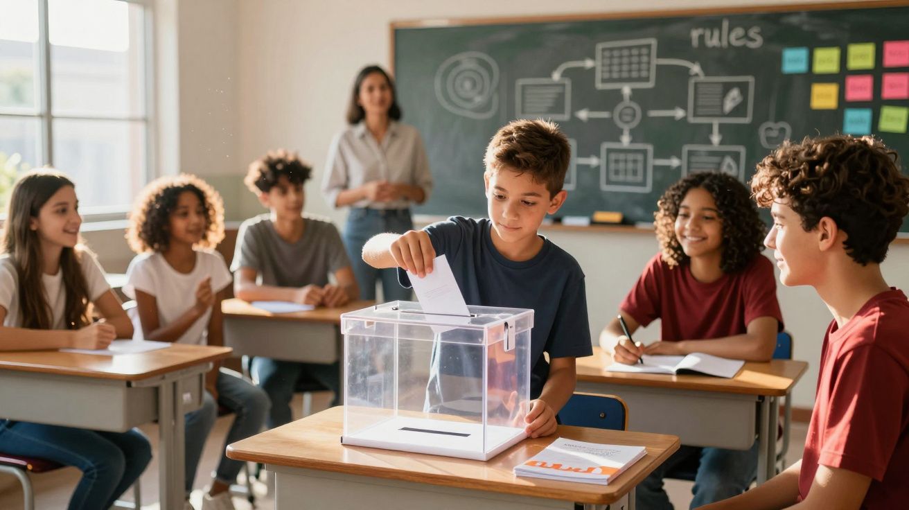 Criança a votar numa urna transparente numa sala de aula com outros alunos e professora ao fundo.