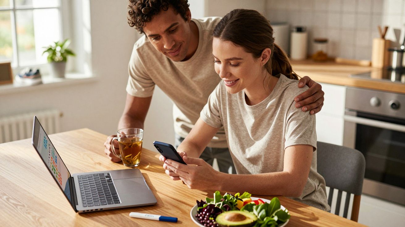 Casal jovem na cozinha, homem com chá apoia mulher que olha para o telemóvel, junto está um computador portátil e alimentos.