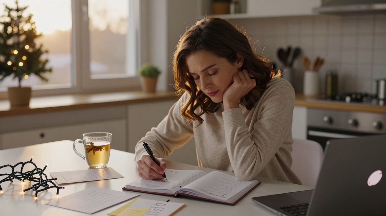 Mulher sentada a escrever num caderno numa cozinha com chá e decoração de natal ao fundo.