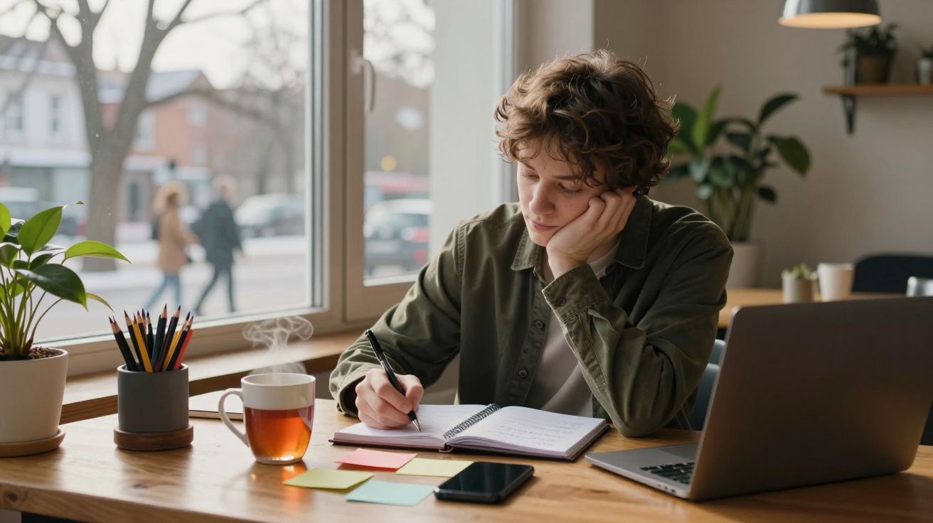 Jovem sentado à secretária a escrever num caderno, com chá quente, computador e material de escritório.
