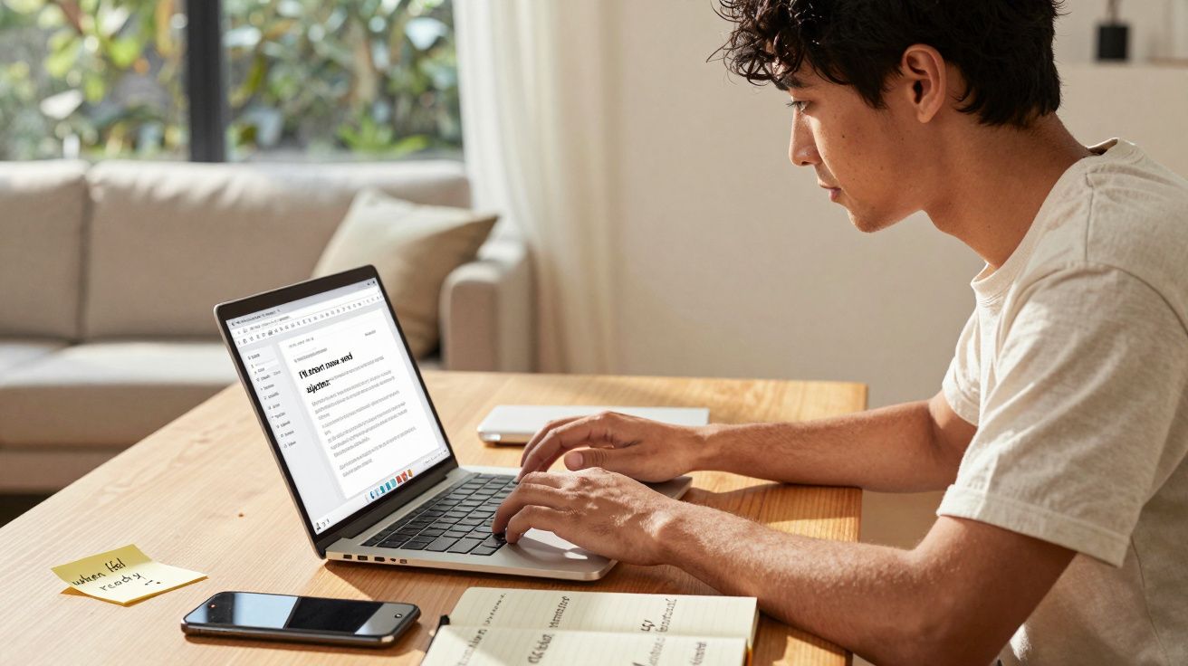 Jovem a trabalhar num computador portátil numa mesa de madeira, com telemóvel e caderno à frente.