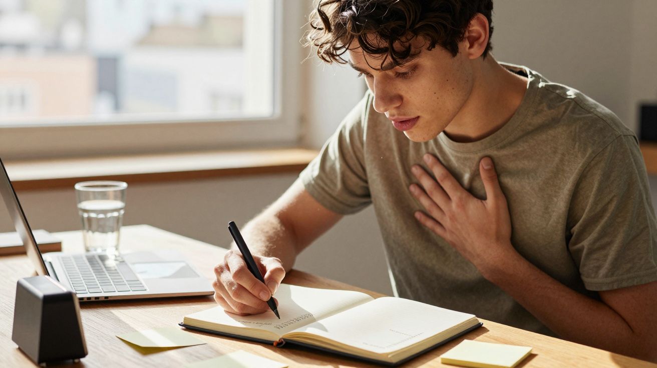 Jovem com t-shirt cinza sentado à mesa a escrever num caderno com portátil e copo de água ao lado.