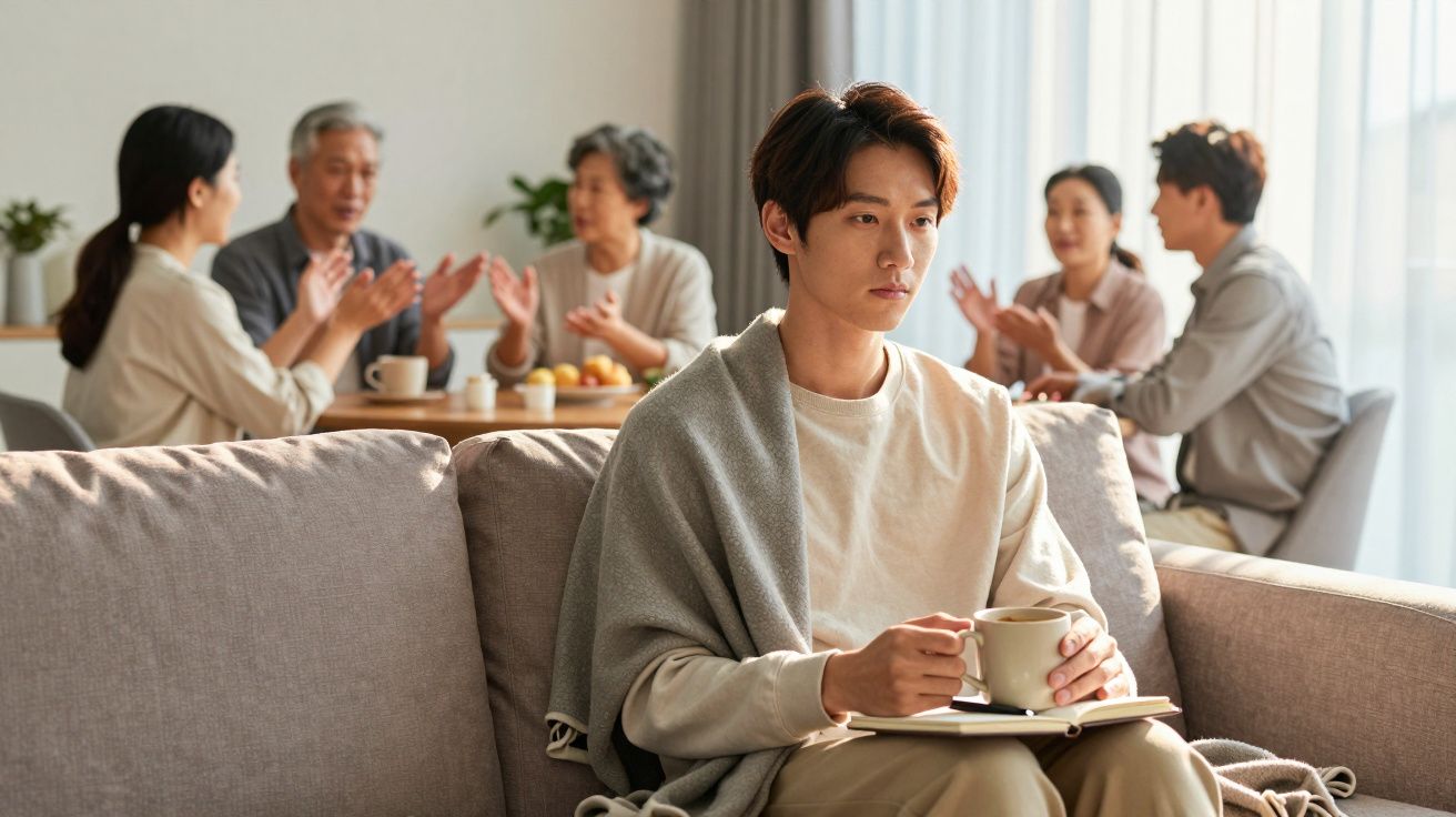 Jovem sentado no sofá com expressão triste enquanto familiares conversam animadamente ao fundo.