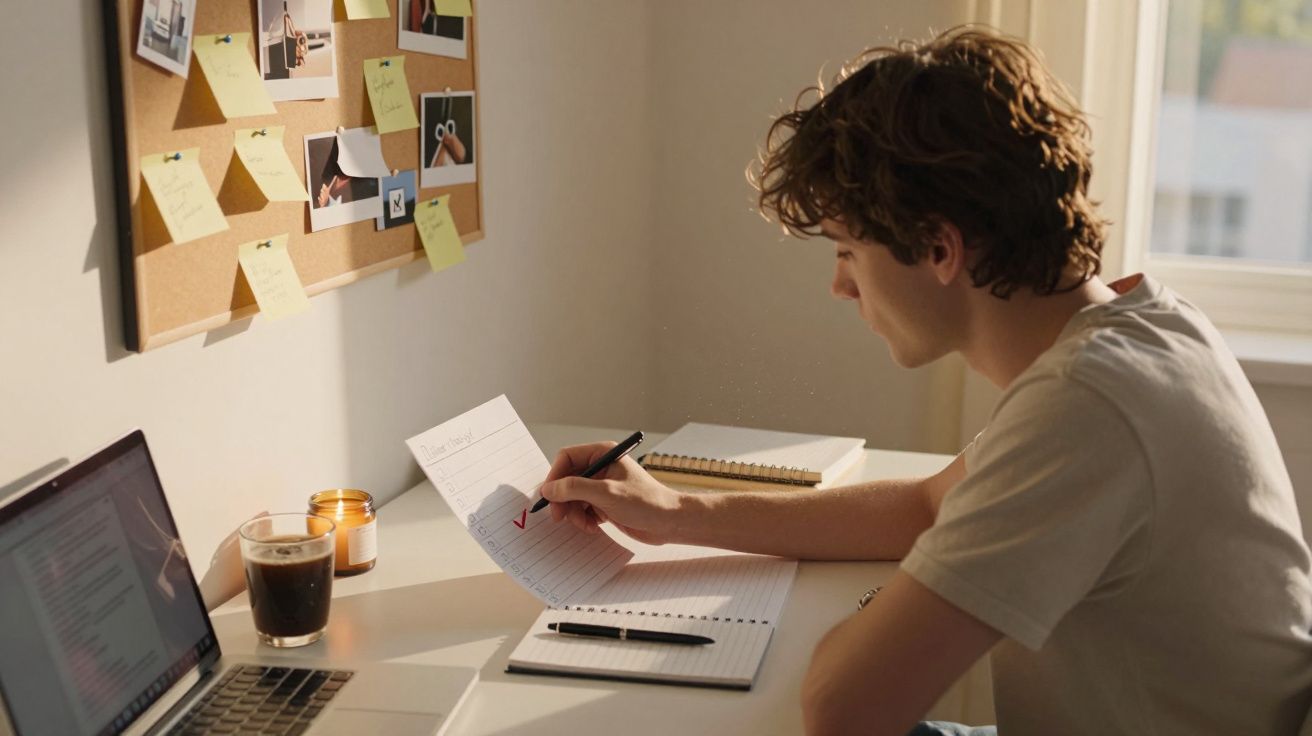 Jovem escreve numa folha de papel num ambiente de estudo iluminado por luz natural perto de um computador portátil.