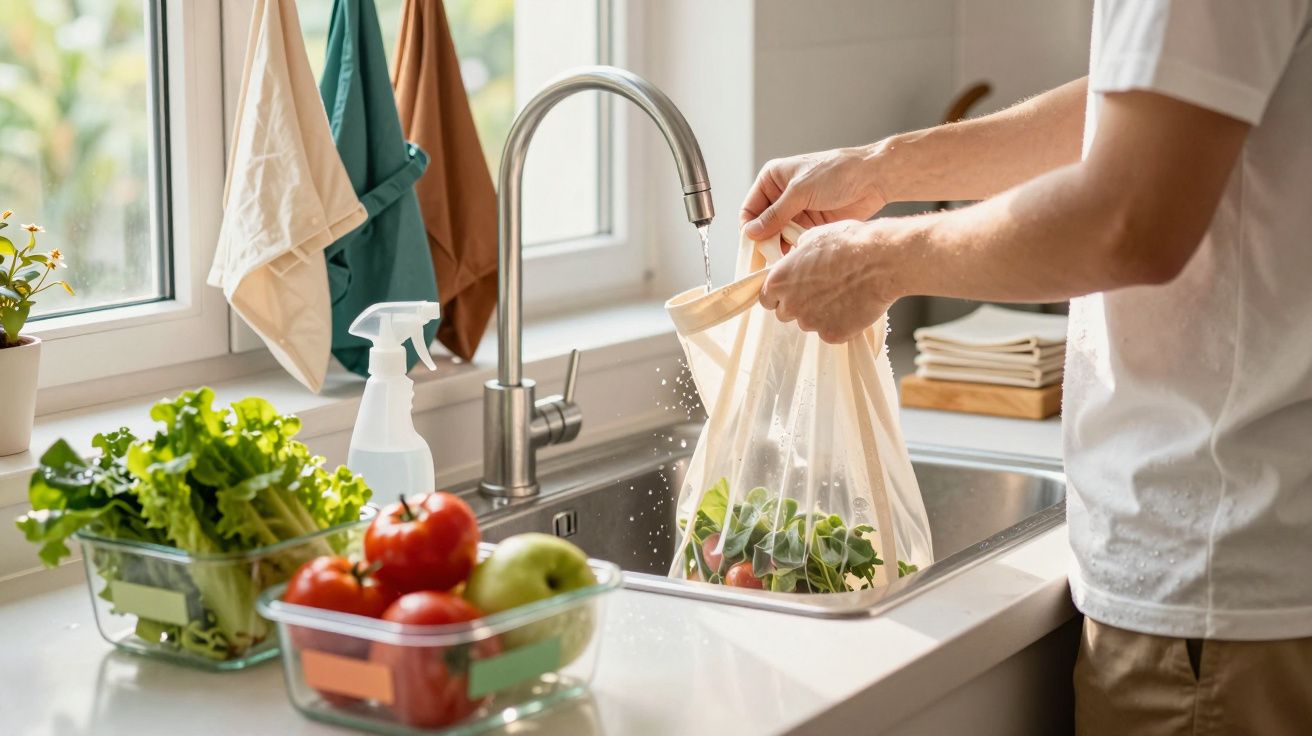 Pessoa a lavar legumes numa rede reutilizável na cozinha junto de vegetais frescos.