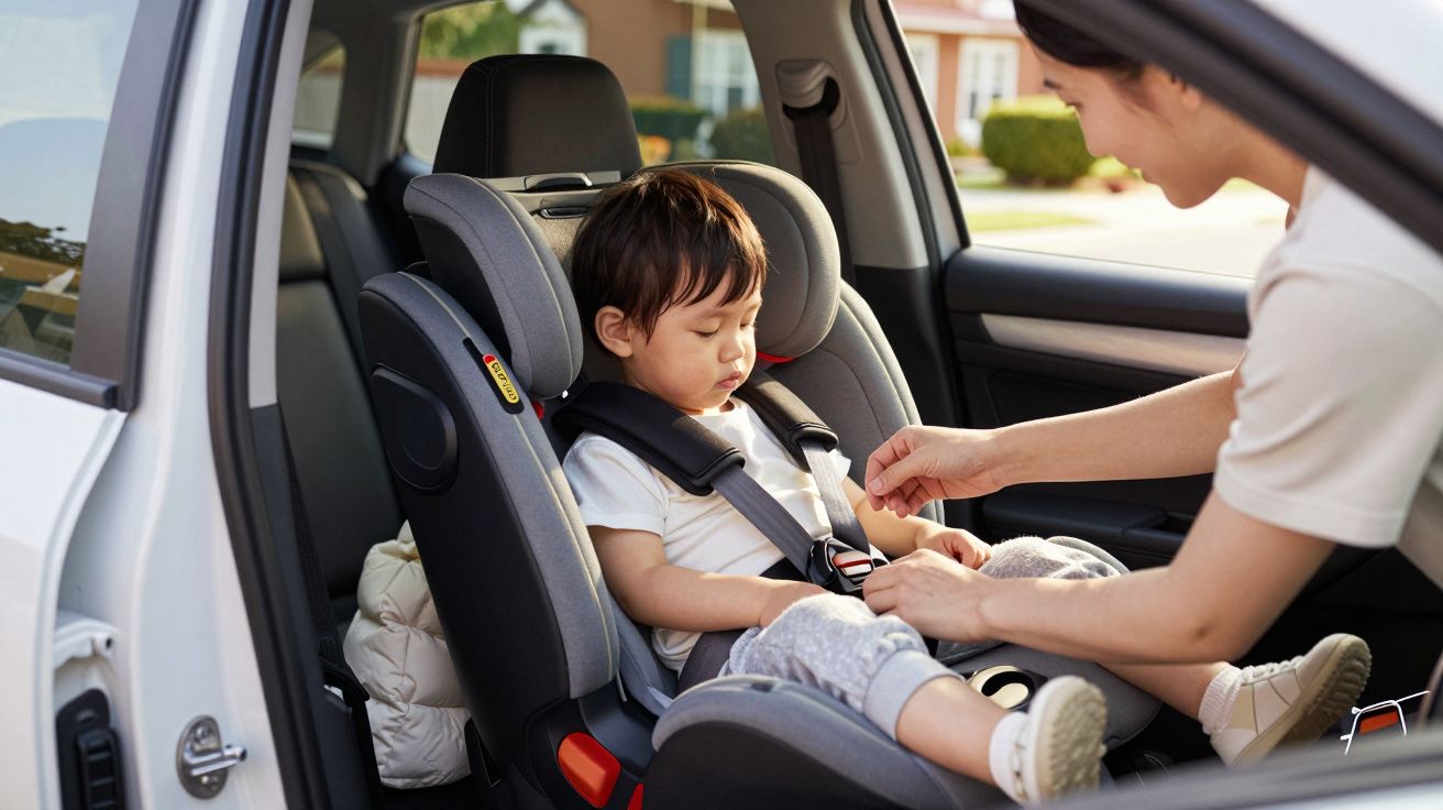 Criança sentada numa cadeira auto no carro enquanto um adulto lhe ajusta o cinto de segurança.