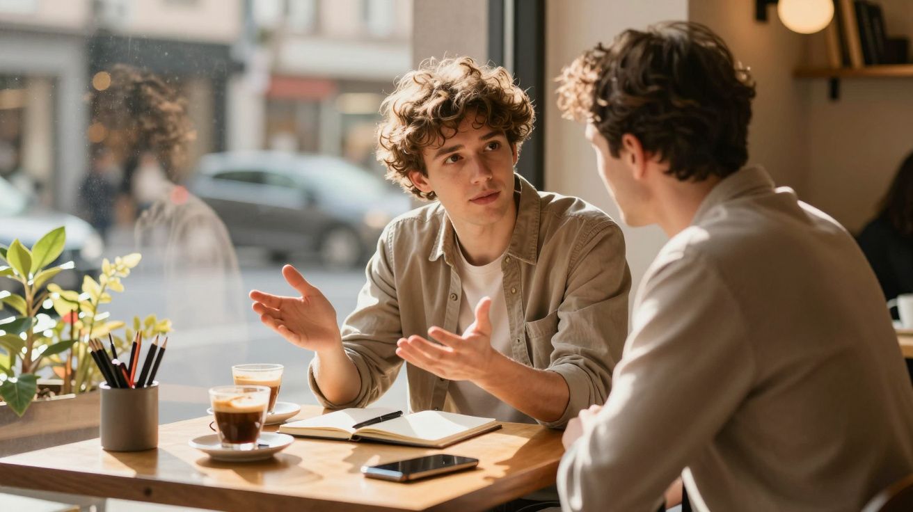 Dois jovens conversam animadamente numa cafetaria, com café e caderno sobre a mesa à frente.