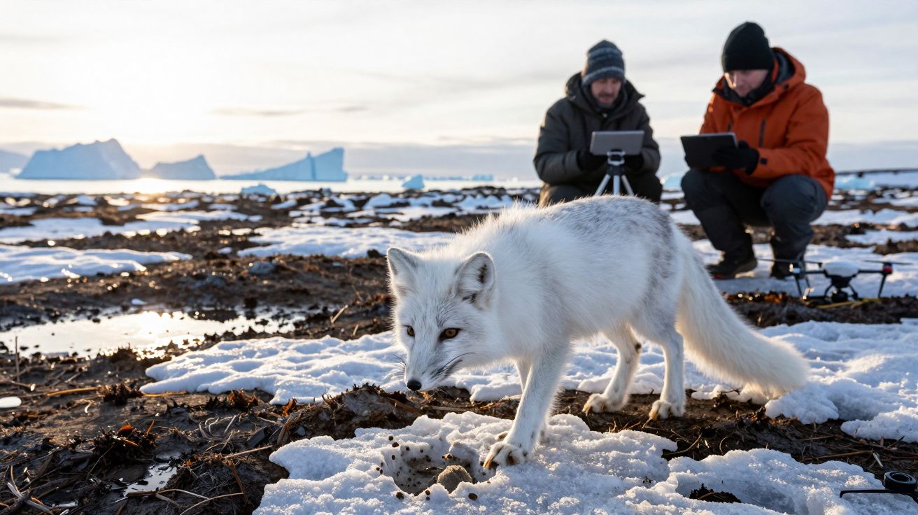 Raposa do ártico branca caminhando na neve com dois homens ao fundo a operar equipamento na paisagem gelada.