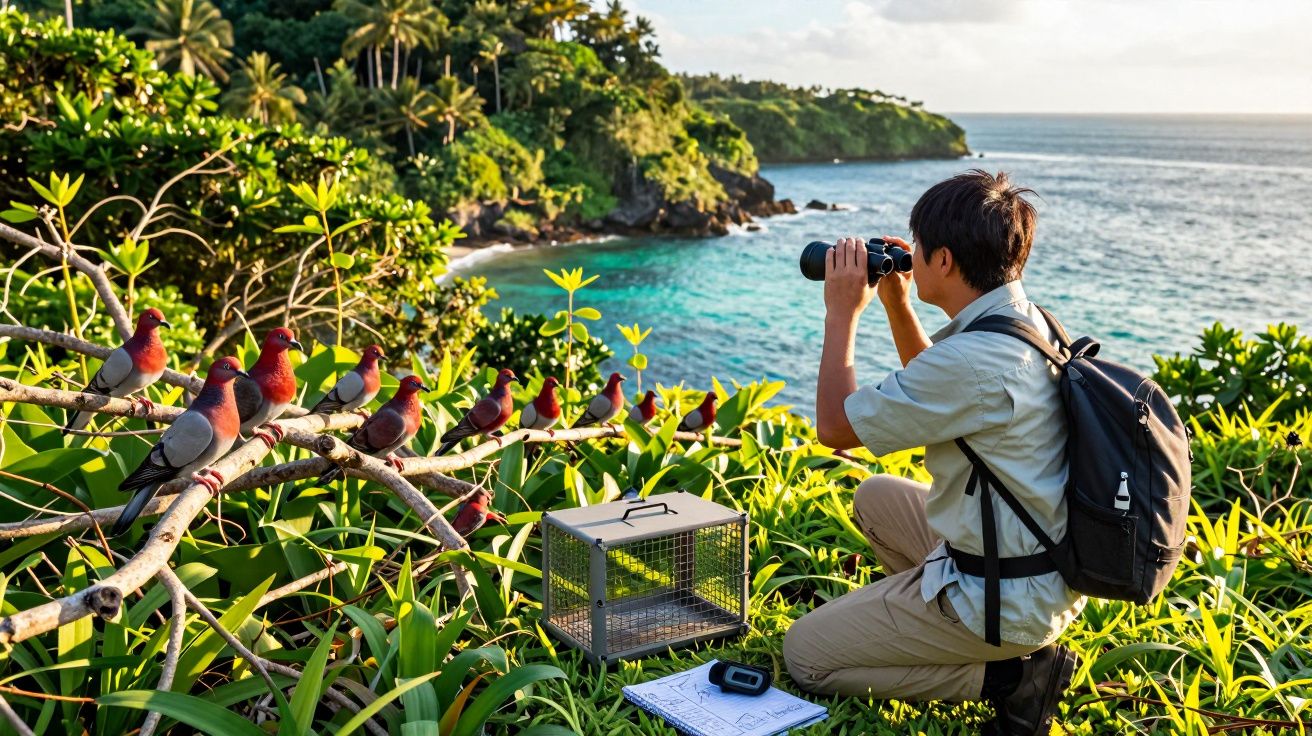 Homem observa aves coloridas com binóculos num local rodeado de vegetação junto ao mar.