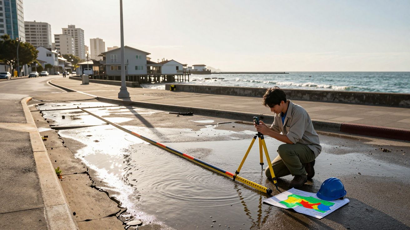 Pessoa a realizar medições com equipamento topográfico numa rua junto ao mar, com capacete e mapa colorido no chão.