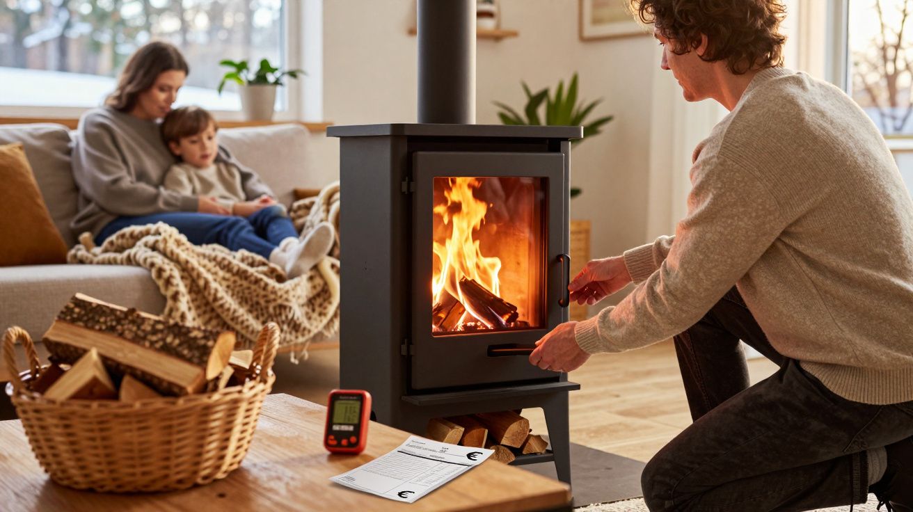 Homem a acender a lareira enquanto mulher e criança descansam no sofá cobertos por manta.