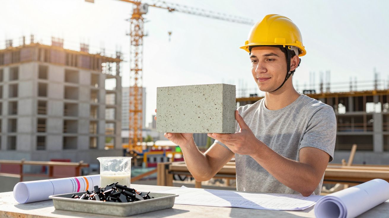 Jovem com capacete amarelo segura bloco de cimento num estaleiro de construção com plantas e parafusos na mesa.