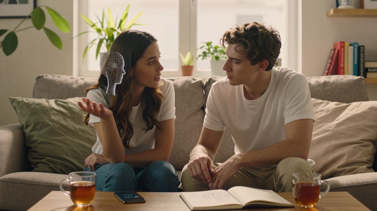Casal sentado no sofá a discutir, com holograma cerebral e chá numa mesa à frente.