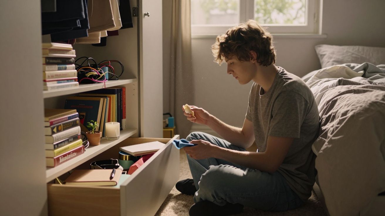 Jovem sentado no chão do quarto, a explorar a gaveta de uma estante, com luz natural da janela atrás.