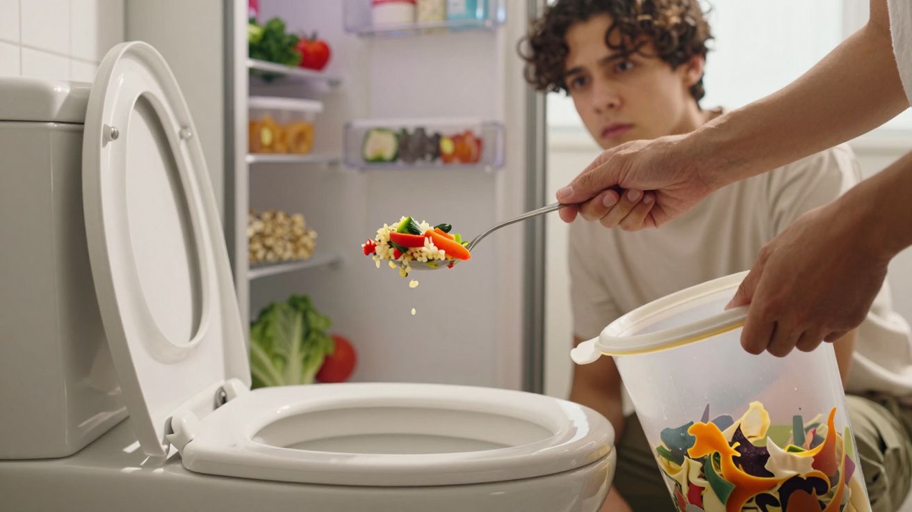 Pessoa despeja comida num vaso sanitário com frigorífico aberto ao fundo, expressão de desagrado visível.