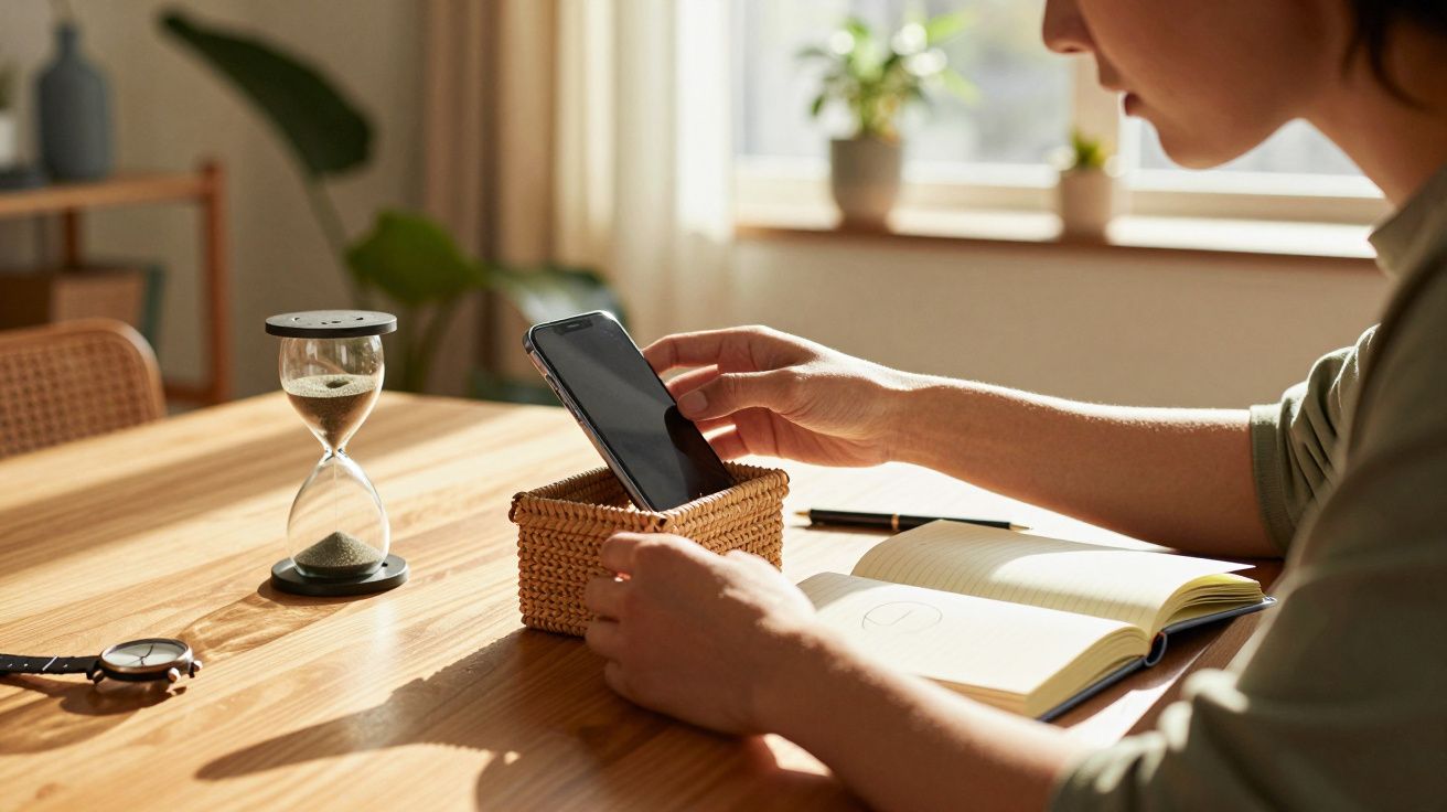 Pessoa a guardar um telemóvel numa caixa de ráfia numa mesa com ampulheta, relógio, caderno e caneta.