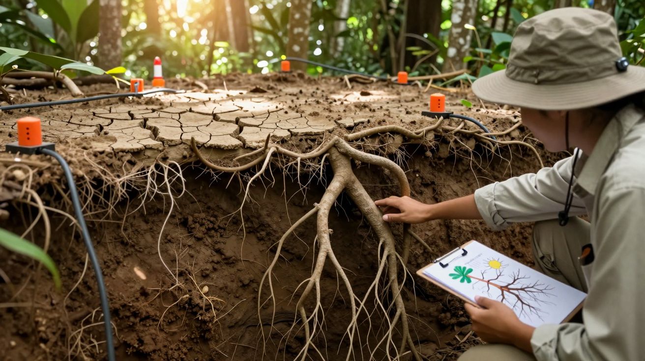 Cientista analisa raízes expostas e solo seco com rachaduras numa área de floresta.