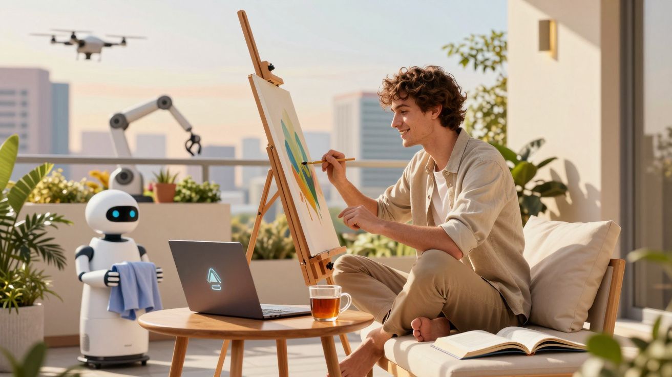 Homem sentado a pintar numa tela numa varanda com um robô e um drone ao fundo ao pôr do sol.