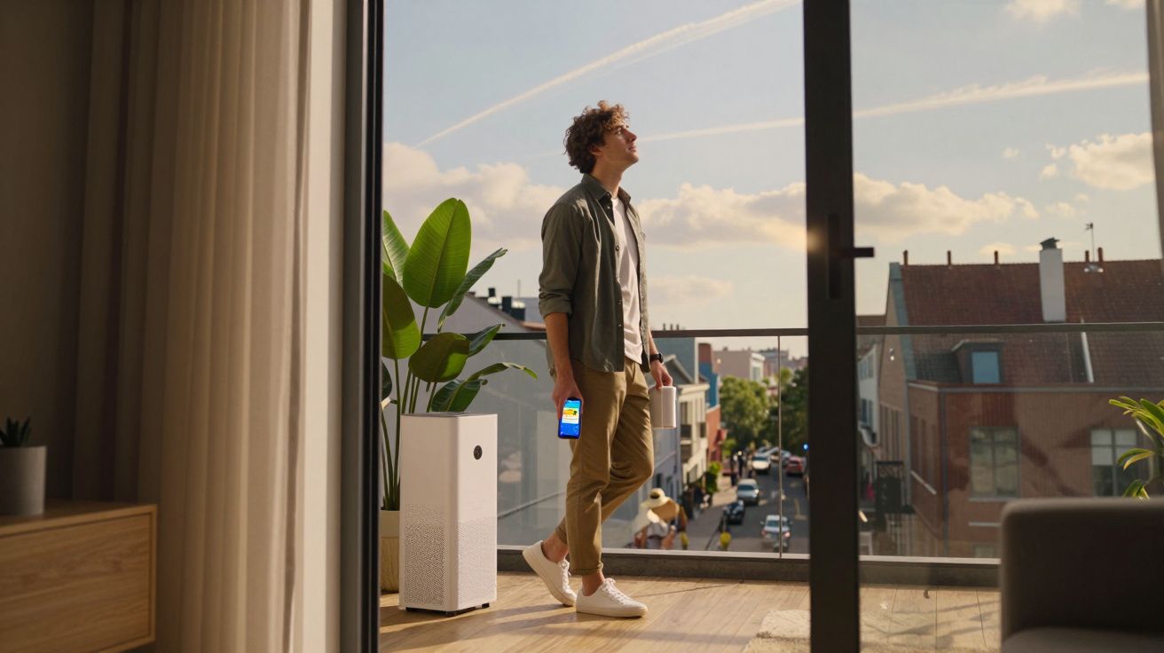 Homem com telemóvel na mão a olhar para o céu numa varanda com plantas e vista para a rua numa zona urbana.