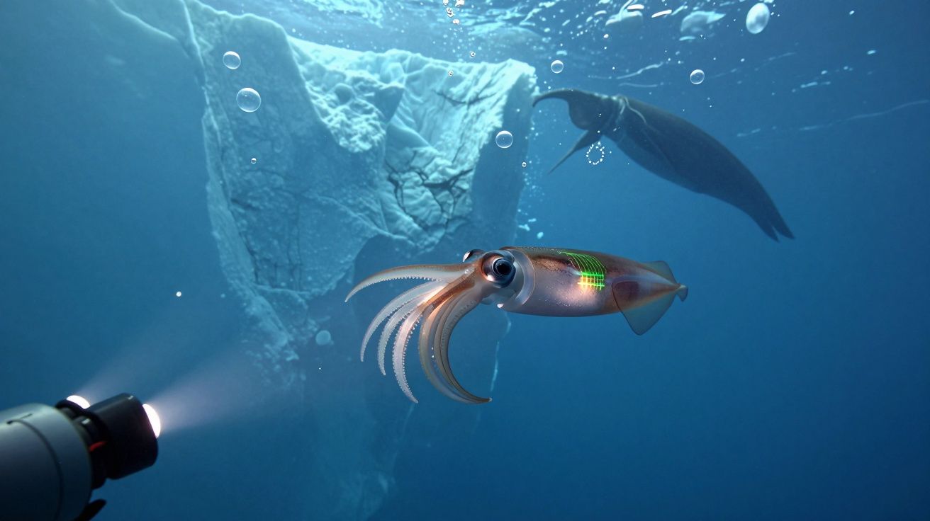 Lula bioluminescente a nadar sob o gelo, iluminada por luz subaquática, com outra lula ao fundo.