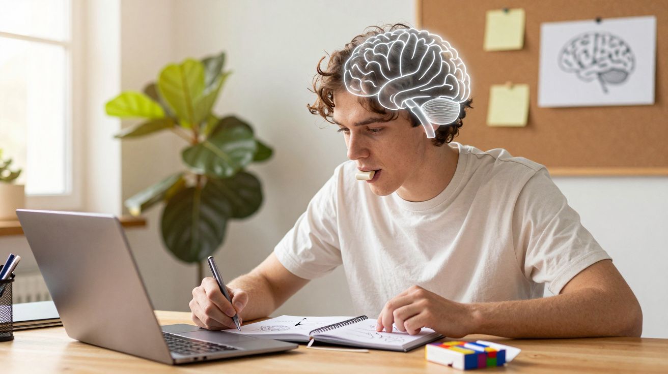 Jovem a estudar sentado à mesa com computador e ilustração do cérebro sobre a cabeça.