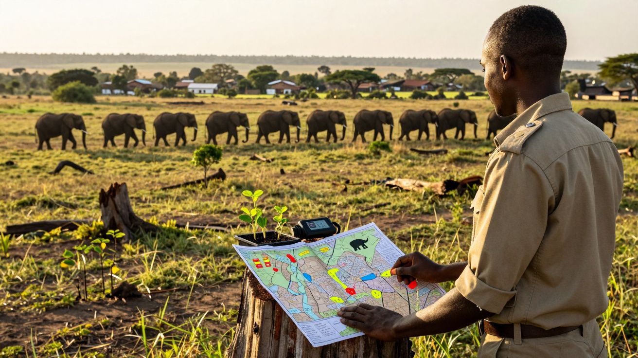 Homem com uniforme observa mapa na savana com manada de elefantes ao fundo durante o dia.