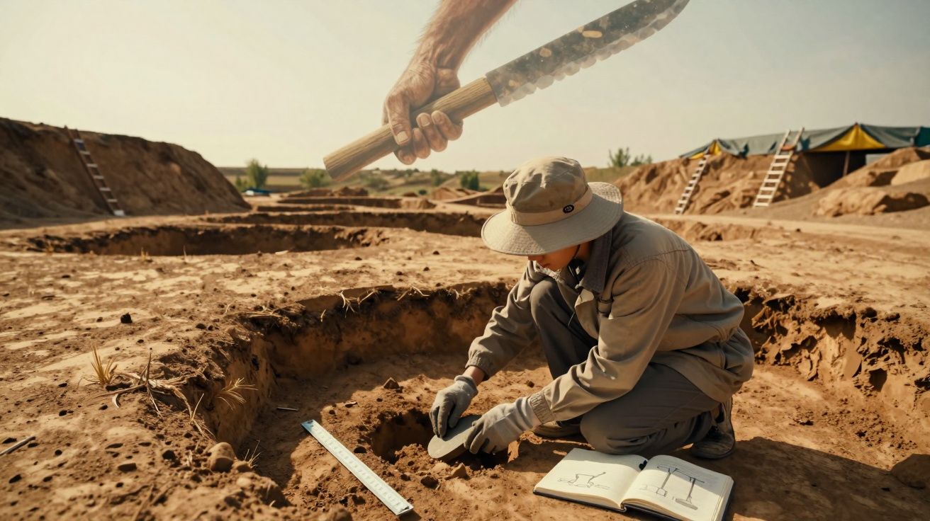 Arqueólogo a escavar com ferramentas num sítio arqueológico a céu aberto em terreno seco e arenoso.