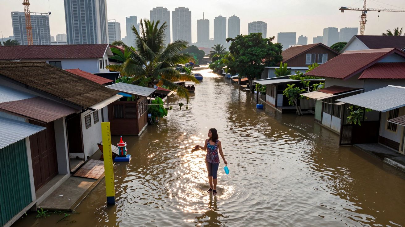 Mulher caminha em rua alagada entre casas, com edificios altos e guindastes ao fundo ao pôr do sol.