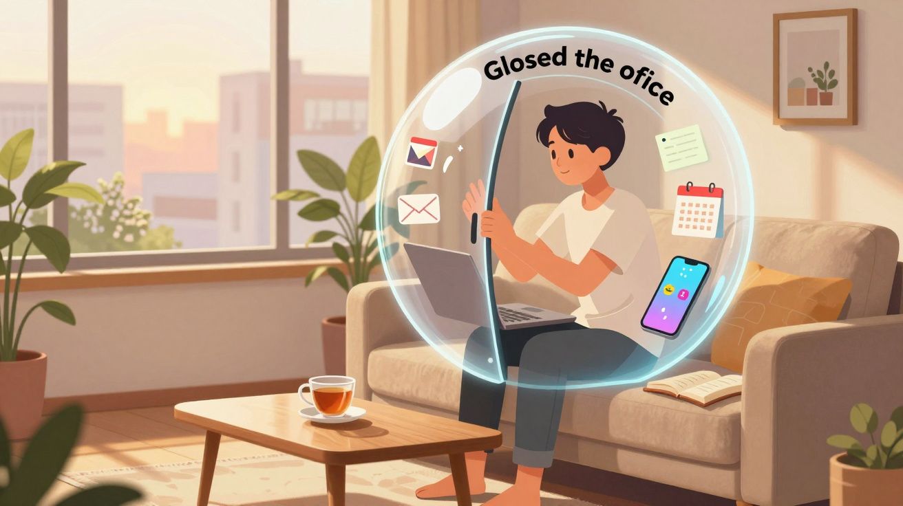 Pessoa sentada no sofá com portátil, rodeada por uma bolha protetora digital e chá na mesa.